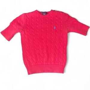 Y2K Bright Pink Ralph Lauren Cable Knit Short Sleeve Sweater 100% Cotton S